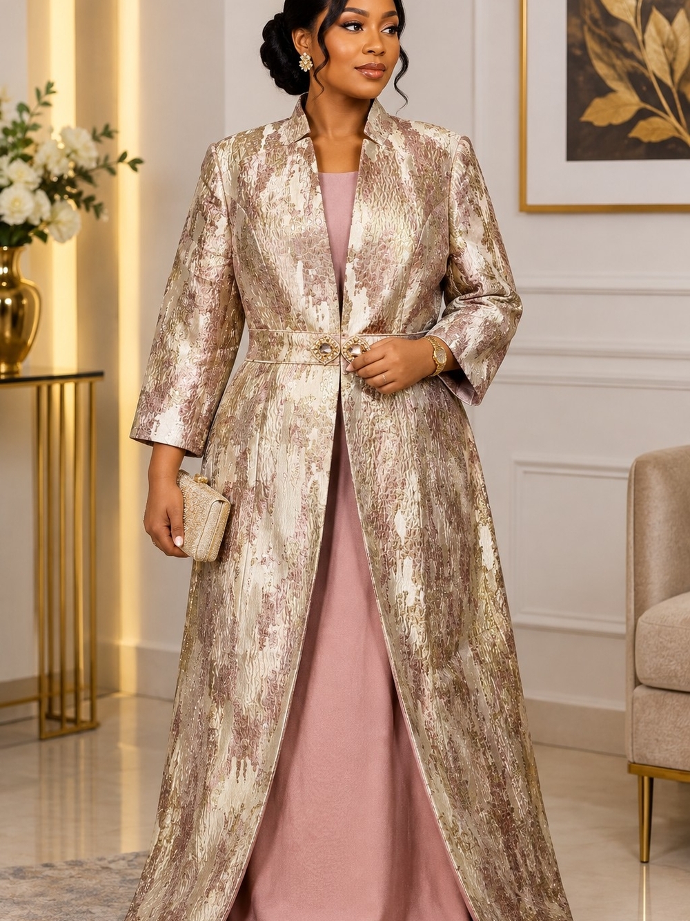 Metallic Rose Gold Brocade Trench Coat - Sophisticated Evening Layer